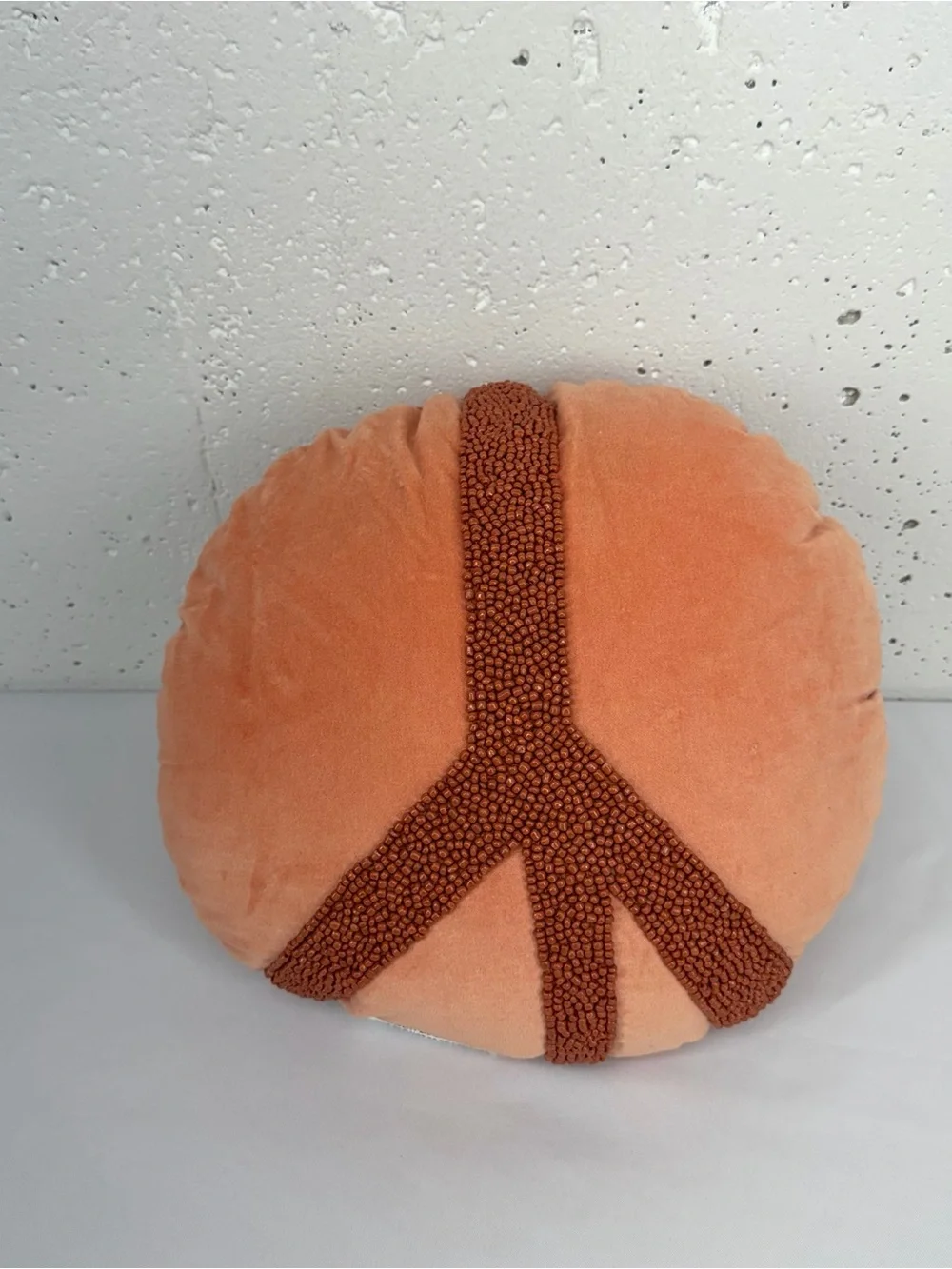 Opal House Round Peach Pillow with Beaded Peace Design 14”
